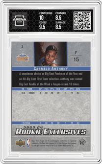 Carmelo Anthony from the 2003-04 Upper Deck Rookie Exclusives set graded by Arena Club and given an overall grade of 9.