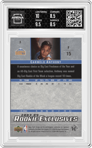 Carmelo Anthony from the 2003-04 Upper Deck Rookie Exclusives set graded by Arena Club and given an overall grade of 9.