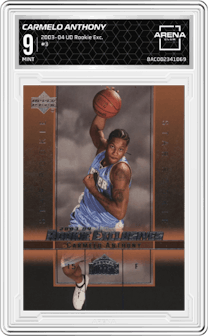 Carmelo Anthony from the 2003-04 Upper Deck Rookie Exclusives set graded by Arena Club and given an overall grade of 9.