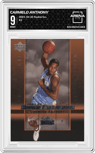 Carmelo Anthony from the 2003-04 Upper Deck Rookie Exclusives set graded by Arena Club and given an overall grade of 9.