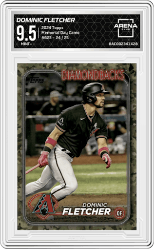 Dominic Fletcher from the 2024 Topps  set featuring a Memorial Day Camo parallel graded by Arena Club and given an overall grade of 9.5.