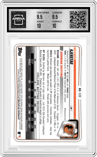 Heston Kjerstad from the 2020 Bowman Draft set featuring a  Gold Refractor parallel graded by Arena Club and given an overall grade of 10.