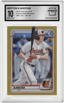 Heston Kjerstad from the 2020 Bowman Draft set featuring a  Gold Refractor parallel graded by Arena Club and given an overall grade of 10.