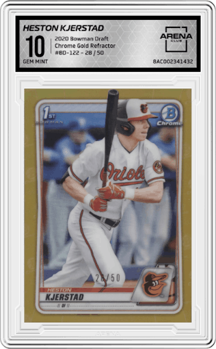 Heston Kjerstad from the 2020 Bowman Draft set featuring a  Gold Refractor parallel graded by Arena Club and given an overall grade of 10.