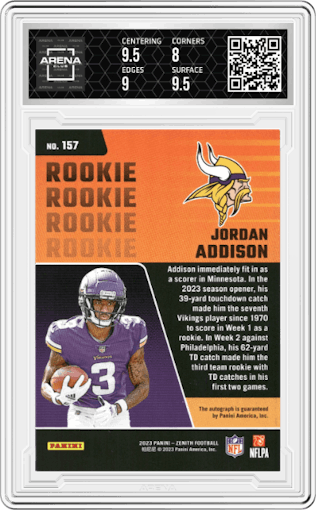 Jordan Addison from the 2023 Panini Zenith set featuring a Red Zone parallel graded by Arena Club and given an overall grade of 8.5.