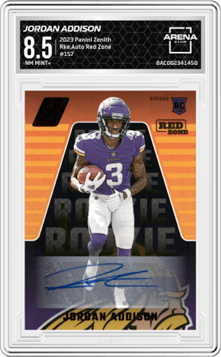 Jordan Addison from the 2023 Panini Zenith set featuring a Red Zone parallel graded by Arena Club and given an overall grade of 8.5.