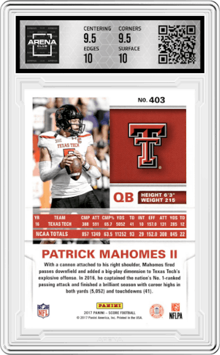 Patrick Mahomes II from the 2017 Panini Score set graded by Arena Club and given an overall grade of 10.