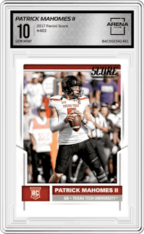 Patrick Mahomes II from the 2017 Panini Score set graded by Arena Club and given an overall grade of 10.