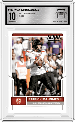 Patrick Mahomes II from the 2017 Panini Score set graded by Arena Club and given an overall grade of 10.