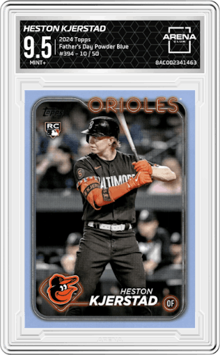 Heston Kjerstad from the 2024 Topps  set featuring a Father's Day Powder Blue parallel graded by Arena Club and given an overall grade of 9.5.