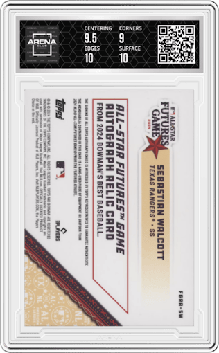 Sebastian Walcott from the 2024 Bowman's Best set featuring a Purple Refractor parallel graded by Arena Club and given an overall grade of 9.5.