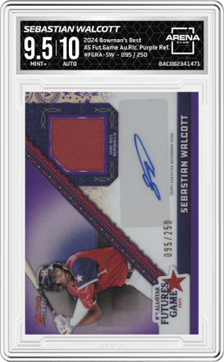 Sebastian Walcott from the 2024 Bowman's Best set featuring a Purple Refractor parallel graded by Arena Club and given an overall grade of 9.5.