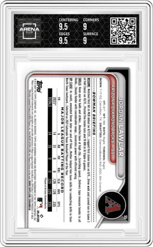 Jordan Lawlar from the 2024 Bowman Chrome set graded by Arena Club and given an overall grade of 9.5.