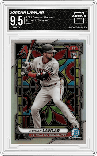Jordan Lawlar from the 2024 Bowman Chrome set graded by Arena Club and given an overall grade of 9.5.