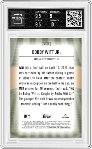Bobby Witt Jr. from the 2024 Topps  set graded by Arena Club and given an overall grade of 9.5.