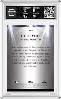 Leo De Vries from the 2024 Bowman Chrome set graded by Arena Club and given an overall grade of 9.5.