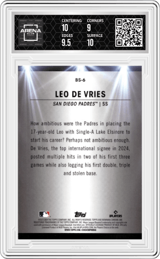 Leo De Vries from the 2024 Bowman Chrome set graded by Arena Club and given an overall grade of 9.5.