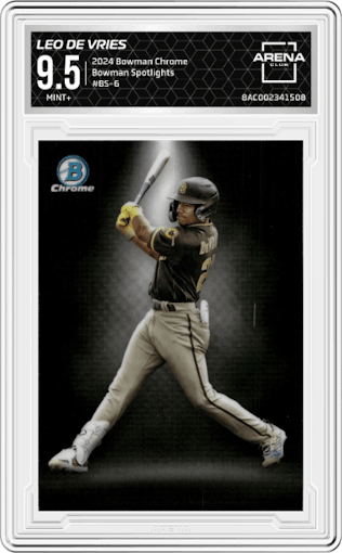 Leo De Vries from the 2024 Bowman Chrome set graded by Arena Club and given an overall grade of 9.5.