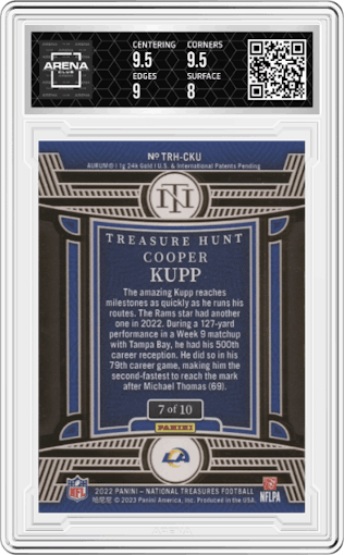 Cooper Kupp from the 2022 Panini National Treasures set featuring a Gold  parallel graded by Arena Club and given an overall grade of 8.5.