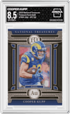 Cooper Kupp from the 2022 Panini National Treasures set featuring a Gold  parallel graded by Arena Club and given an overall grade of 8.5.