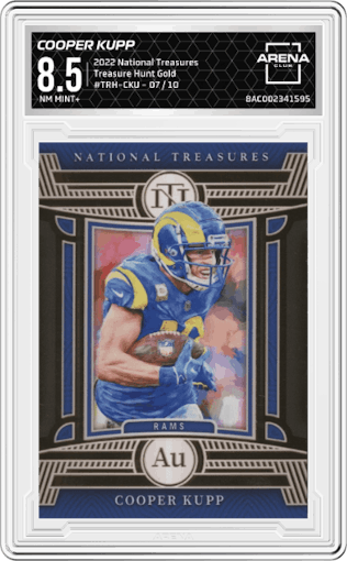 Cooper Kupp from the 2022 Panini National Treasures set featuring a Gold  parallel graded by Arena Club and given an overall grade of 8.5.