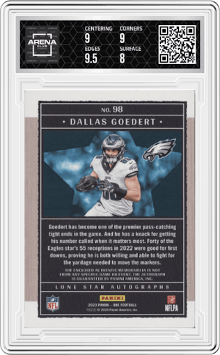 Dallas Goedert from the 2023 Panini One set featuring a Bronze  parallel graded by Arena Club and given an overall grade of 8.5.