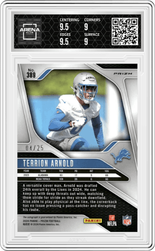 Terrion Arnold from the 2024 Panini Prizm set featuring a Blue Shimmer parallel graded by Arena Club and given an overall grade of 9.5.