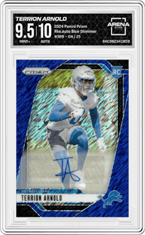 Terrion Arnold from the 2024 Panini Prizm set featuring a Blue Shimmer parallel graded by Arena Club and given an overall grade of 9.5.