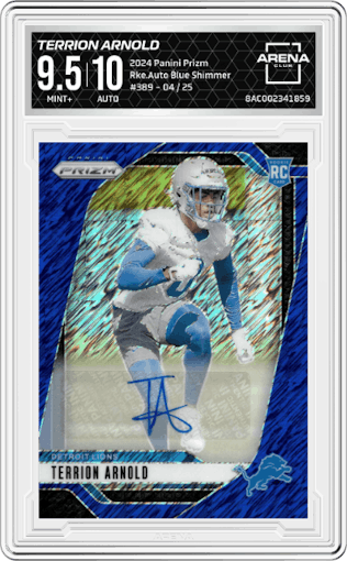 Terrion Arnold from the 2024 Panini Prizm set featuring a Blue Shimmer parallel graded by Arena Club and given an overall grade of 9.5.