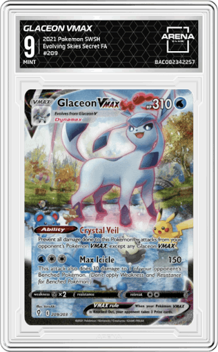 Glaceon VMAX from the 2021 Pokemon SWSH set graded by Arena Club and given an overall grade of 9.
