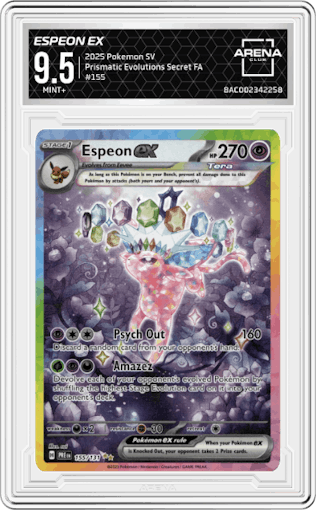 Espeon ex from the 2025 Pokemon SV set graded by Arena Club and given an overall grade of 9.5.