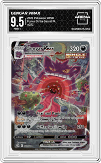 Gengar VMAX from the 2021 Pokemon SWSH set graded by Arena Club and given an overall grade of 9.5.