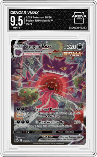 Gengar VMAX from the 2021 Pokemon SWSH set graded by Arena Club and given an overall grade of 9.5.