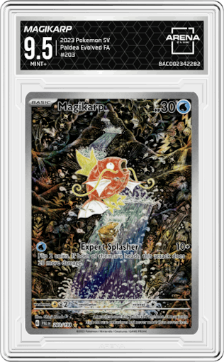 Magikarp from the 2023 Pokemon SV set graded by Arena Club and given an overall grade of 9.5.