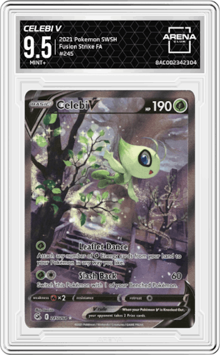 Celebi V from the 2021 Pokemon SWSH set graded by Arena Club and given an overall grade of 9.5.