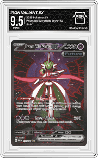 Iron Valiant ex from the 2025 Pokemon SV set graded by Arena Club and given an overall grade of 9.5.