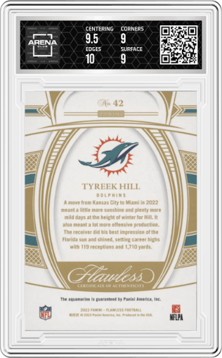 Tyreek Hill from the 2022 Panini Flawless set featuring a Aquamarine parallel graded by Arena Club and given an overall grade of 9.5.
