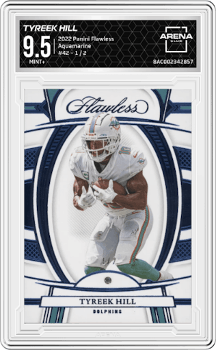 Tyreek Hill from the 2022 Panini Flawless set featuring a Aquamarine parallel graded by Arena Club and given an overall grade of 9.5.
