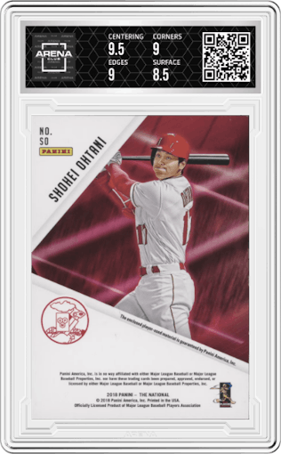 Shohei Ohtani from the 2018 Panini The National VIP set featuring a Rainbow Spokes parallel graded by Arena Club and given an overall grade of 9.