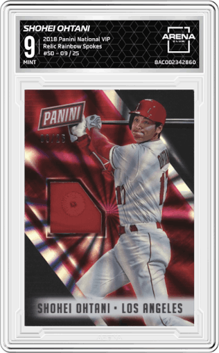 Shohei Ohtani from the 2018 Panini The National VIP set featuring a Rainbow Spokes parallel graded by Arena Club and given an overall grade of 9.