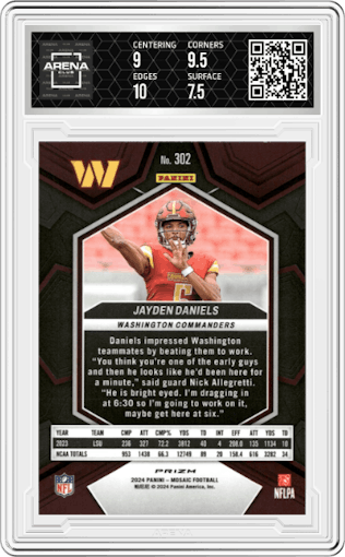Jayden Daniels from the 2024 Panini Mosaic set featuring a Red Mosaic parallel graded by Arena Club and given an overall grade of 8.