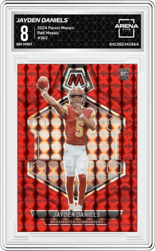 Jayden Daniels from the 2024 Panini Mosaic set featuring a Red Mosaic parallel graded by Arena Club and given an overall grade of 8.