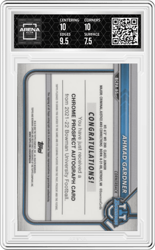 Ahmad Gardner from the 2021-22 Bowman University set featuring a Gold Lava Refractor parallel graded by Arena Club and given an overall grade of 8.