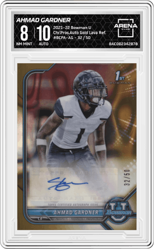 Ahmad Gardner from the 2021-22 Bowman University set featuring a Gold Lava Refractor parallel graded by Arena Club and given an overall grade of 8.