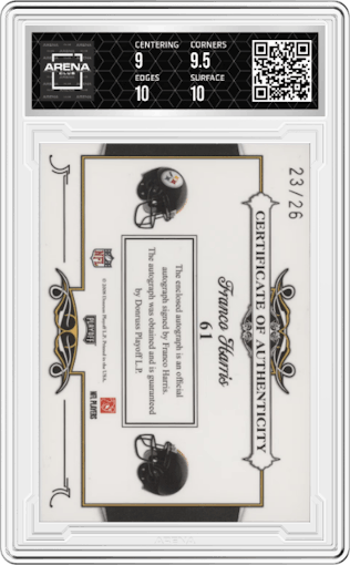 Franco Harris from the 2008 Playoff National Treasures set featuring a Numbered Base parallel graded by Arena Club and given an overall grade of 9.5.