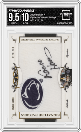 Franco Harris from the 2008 Playoff National Treasures set featuring a Numbered Base parallel graded by Arena Club and given an overall grade of 9.5.