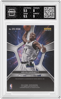 Kevin Garnett from the 2022-23 Panini Spectra set graded by Arena Club and given an overall grade of 8.5.