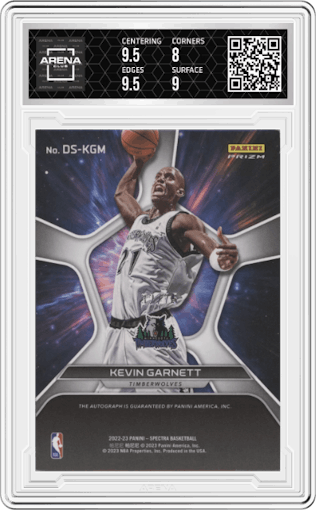 Kevin Garnett from the 2022-23 Panini Spectra set graded by Arena Club and given an overall grade of 8.5.