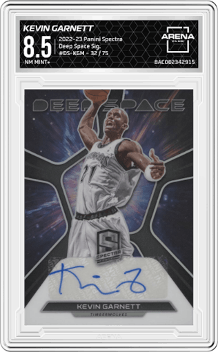 Kevin Garnett from the 2022-23 Panini Spectra set graded by Arena Club and given an overall grade of 8.5.