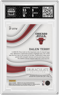 Dalen Terry from the 2022-23 Panini Immaculate Collection set featuring a Jersey Number parallel graded by Arena Club and given an overall grade of 9.5.